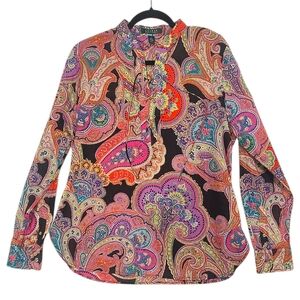 Lauren Ralph Lauren Cotton Paisley Shirt Lightweight Lace-Up Top Size Large
